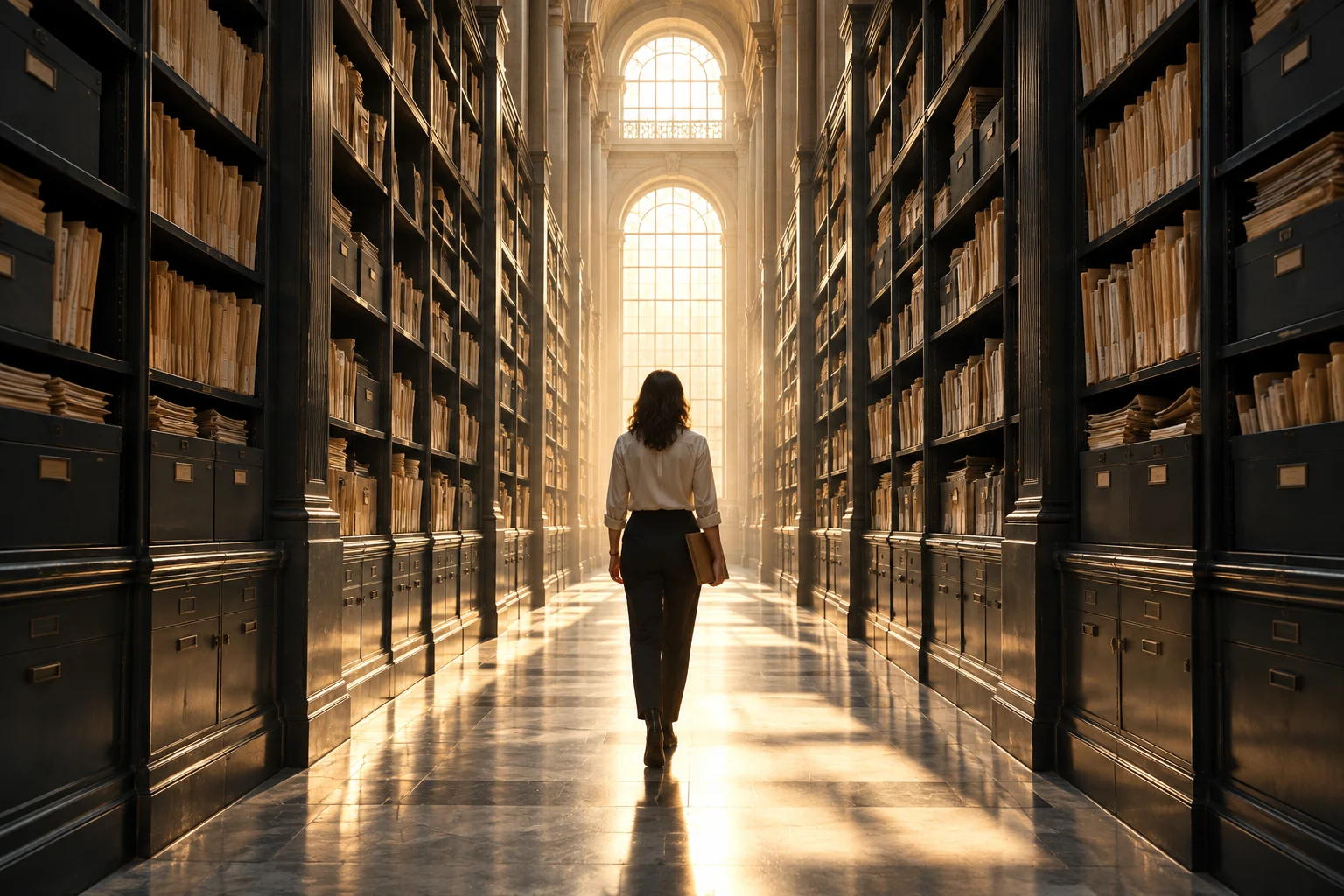 A person carrying a document walks toward the light through a vast archive.